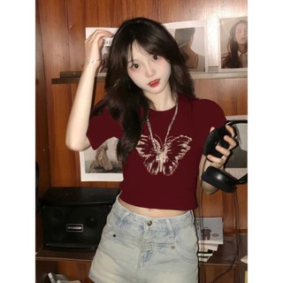 Thiết Kế Bướm In Hình Áo Thun Nữ Mùa Hè Phong Cách Mới Slim-fit Ôm Hơn Nhìn Nóng Cô Gái Nguyên Chất Desire Phong Cách Rốn-Exposeed Trang Trọng Vai Top