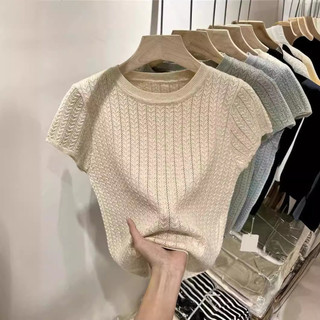Mùa Hè Phong Cách Mới Áo Thun Nữ Tính Khí Ngọt Ngào Cổ Tròn Màu Trơn Tay Ngắn