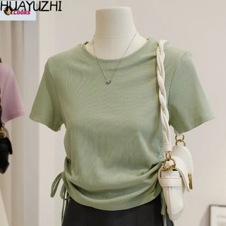 Huayuzhishort tay, cổ tròn, họa tiết ôm, dây rút, phong cách cổ điển