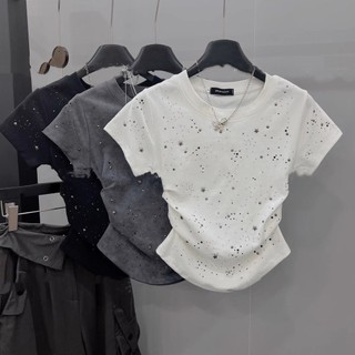 Viền Cong Xếp Ly Nóng Kim Cương Tay Ngắn Nữ Mùa Hè Thời Trang Sang Trọng Top