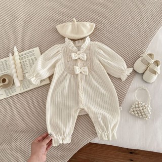 Đầm Bé Gái INS Bé Gái Phong Cách Mới Dài Tay Jumpsuit Nơ Dễ Thương Mở Nút Ren Áo Liền Quần Bé Một Tuổi Quần Áo