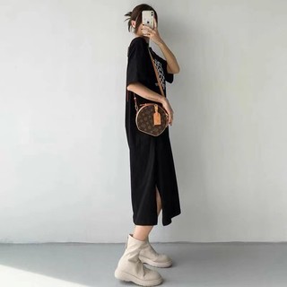 Đầm suông  thun dài quá đầu gối in họa tiết hoạt hình ca rô đen trắng tay ngắn cỡ lớn rộng rãi phong cách TTDSA0076