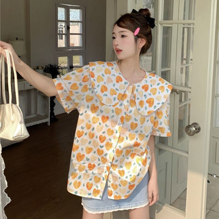 Yuewen Phong Cách Hàn Quốc Ngọt Ngào Cổ Búp Bê Hoa Trái Tim Rời Áo Sơ Mi Tay Ngắn Nữ