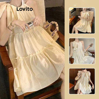 Đầm Lovito phối nơ màu trơn phong cách thường ngày dành cho nữ LNA46309