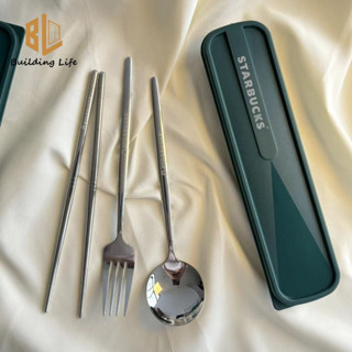 Bộ Đồ Ăn Starbucks Bộ Ba Mảnh Có Hộp Thép Không Gỉ Thìa Bạc Nĩa Đũa Văn Phòng Làm Việc Sinh Viên Du Lịch Di Động