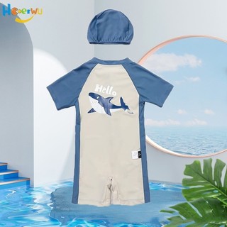Haoerwu Đồ bơi chống nắng ngắn tay một mảnh cá mập dễ thương cho bé trai