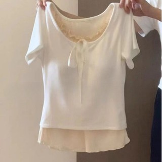 Màu sắc xung đột giả hai mảnh tích cực áo đeo vai nữ mùa hè mới phong cách múa ba lê nơ áo thun