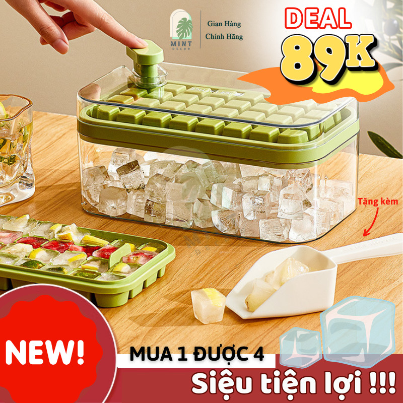 Khay Làm Đá Tự Rơi MINT DECOR, Nhấn Nút Tiện Lợi, Dụng Cụ Làm Đá Tủ Lạnh, Tặng Kèm Phụ Kiện
