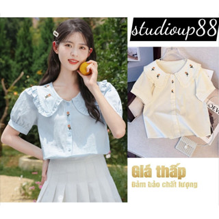 Áo sơ mi công sở thêu hoa nhí cổ sen kẹp bèo, màu trắng chất liệu thô kiểu hàn quốc