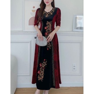 Đầm dạ hội trung niên đi tiệc thun kim sa phối nhung đen cổ sóng nước hoa mai kết đá size lớn 75kg Đầm dạ hội trung