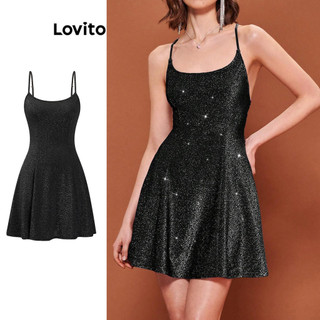 Đầm Lovito hở vai màu trơn đính sequin phong cách cổ điển cho nữ L86ED028