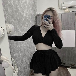 Set áo tay dài xoắn ngực quần váy xoè Nữ Women