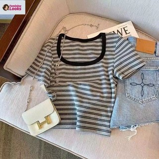 Áo Thun Tay Ngắn Cổ Vuông Họa Tiết Kẻ Sọc Hàn Quốc Cổ Điển HVD4