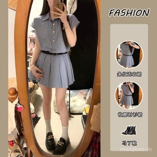 Đầm Mùa Hè Xếp Ly Áo Sơ Mi Pháp Thiết Kế Nữ Mỏng Hơn Nhìn Tính Khí Phong Cách Mới Preppy Phong Cách Eo Hẹp Váy Sọc TQX9