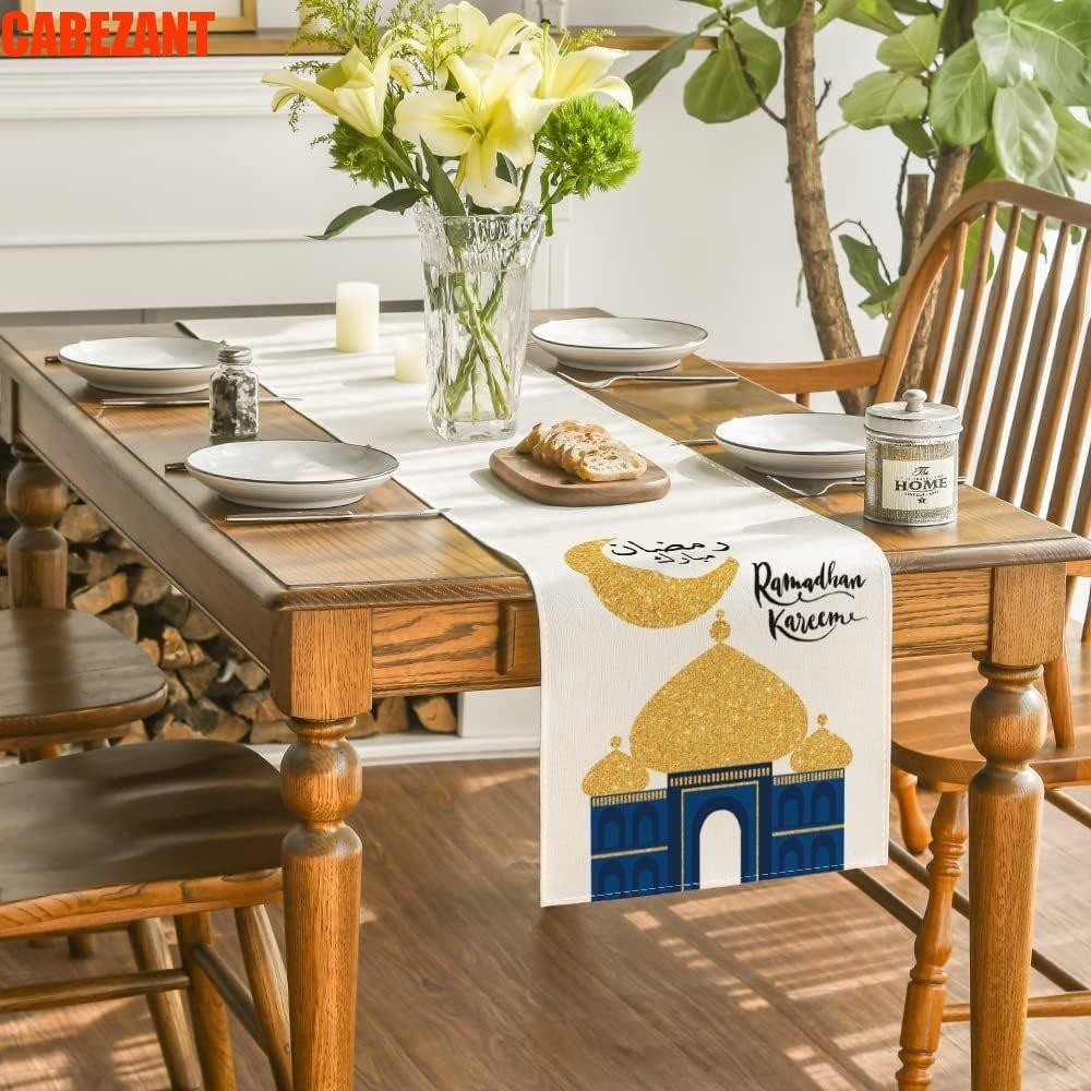 Cabezant Eid Mubarak Table Runner, Moon Star Nhà thờ Hồi giáo Họa tiết vải lanh Thảm trải bàn, Thảm ăn trang trí bàn ăn Đồ dùng ngày lễ Khăn trải bàn 2024 Eid Party