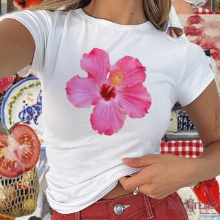 [] -Áo Thun nữ cổ tròn tay ngắn in hoa Slim Fit Áo mùa hè thường ngày