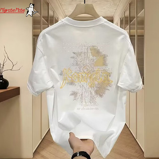 Cotton nguyên chất ngắn tay nam cổ tròn in đơn giản thương hiệu hợp thời trang đẹp trai áo thường ngày