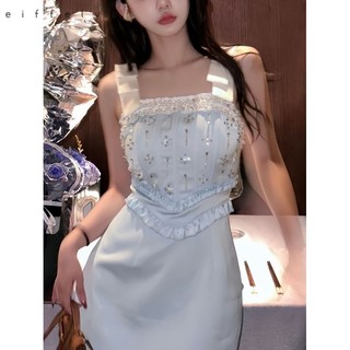 [Eiffelve]【S-L】Váy khâu kim cương màu xanh sang trọng phong cách Pháp Nhỏ mùa hè 2024 Khâu cao cấp Váy ôm sát hơn