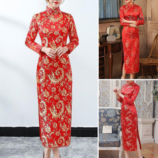 Stitchique _ Nữ Cổ Điển Trung Quốc Đầm Phong Cách Trung Hoa Vintage In Hoa Cổ Tay Dài Bên Chia Chiều Dài Mắt Cá Chân Đầm Maxi Qipao Sườn Xám