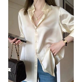 Áo sơ mi lụa Satin Triacetic Acetate của Pháp có quần jean Áo sơ mi đi lại dáng rộng Quần áo nữ Hàn Quốc Hàng có sẵn