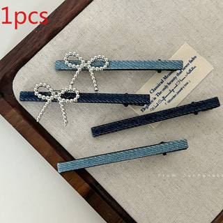 Niche denim ngọc trai nơ tóc gãy tóc bên kẹp tóc nhỏ tươi nổ kẹp phụ kiện tóc nữ