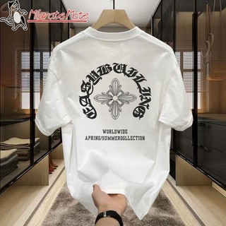 Migratelmate Mỹ đẹp trai cotton nguyên chất ngắn tay nam nữ phong cách ins áo cổ tròn dáng rộng đường phố hợp thời trang