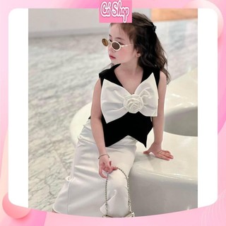 Set áo đen nơ trắng bản to TM695 kèm chân váy trắng cho bé gái