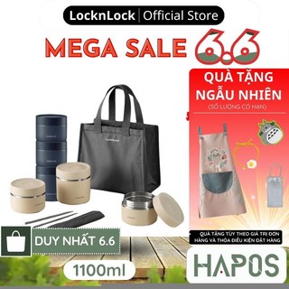 Hộp cơm giữ nhiệt LocknLock 3 ngăn 1.1L Chính hãng, Kèm túi, muỗng đũa, tiện lợi, giữ nhiệt lâu LHC8052S02 - HAPOS MALL