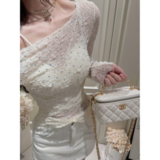 Mùa Hè 2024 Pháp Pure Desire Gợi Cảm Hot Girl Slim-fit Thời Trang Đính Kim Cương Trắng Rỗng Áo Thun Dài Tay Top Nữ