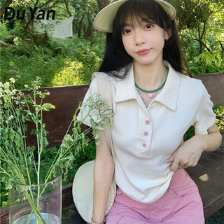 Du YAN Áo ngắn dành cho nữ, thời trang, đơn giản, vừa vặn, ve áo, cổ POLO, áo thun thông thường