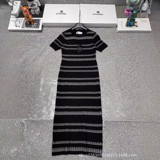 CHANEL 24Summer New Socialite Chest Number5Decoration Striped Slim-Fit Short-Sleeved Knitted Dress