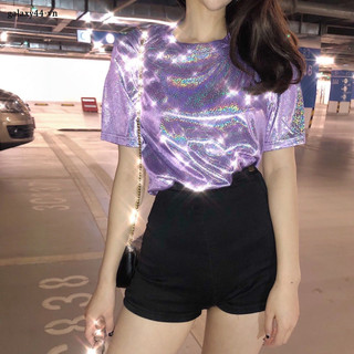 Ruiche Áo thun ngắn tay lụa sáng bóng dáng rộng phong cách Harajuku Áo thun thời trang mùa hè dành cho nữ
