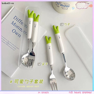 Hành lá dễ thương Biểu hiện Tay cầm bằng sứ Bộ muỗng nĩa Muỗng inox di động dành cho sinh viên -Rosser2