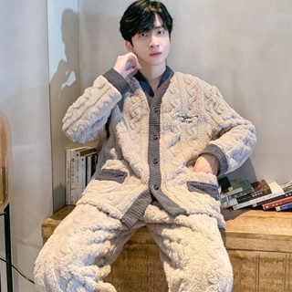 Bộ Đồ Ngủ Cổ Chữ V Nam Thu Đông Lông Cừu Cực Dày Plus Kích Thước Mùa Đông San Hô Lông Cừu Flannel