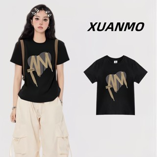 XUANMO Local brand Áo baby tee Áo Thun ôm body Áo y2k 100% cotton Áo thun in đen cho phụ nữ 2025, phong cách Hàn Quốc mới, áo thun cổ tròn thời trang