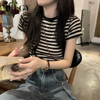 Áo thun ngắn tay sọc IELGY Áo thun nữ cổ điển kiểu Mỹ