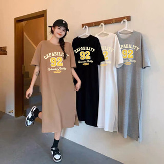 Phiên Bản Hàn Quốc Rời Tối Giản In Chữ Cổ Tròn Nữ Thường Ngày Đa Năng Mùa Hè Váy Dài Giữa
