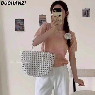 Áo thun nữ DUOHANZI phong cách Hàn Quốc lười biếng ren rộng rỗng áo thun dệt kim ngắn tay