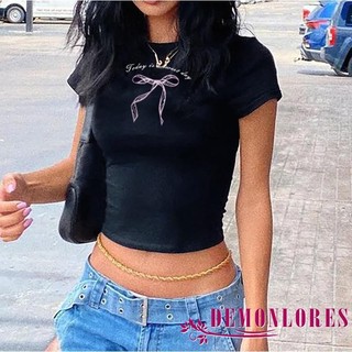 Demonlores-nữ Mùa Hè Cổ Tròn Tay Ngắn In Chữ Nơ Áo Thun Crop