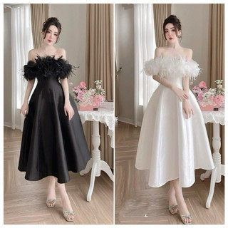 Váy thiết kế trễ vai dáng dài đính hoa lông cho đi tiệc trà cô dâu CABOXIN