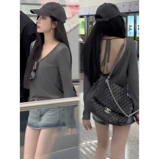 Milyfashion  Mid-Length Loose Thin Skin-Friendly Soft Lace-up Backless Long SleeveTWomen's T-shirt2024Summer New Sun Protection Shirt Top