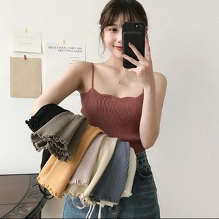 Áo Hai dây Len Tăm viền bèo cuốn biên phom croptop mã 09