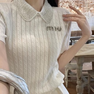 MIU MIU Early Spring Doll Collar White Heavy Industry Rhinestone KnittingTT-shirt