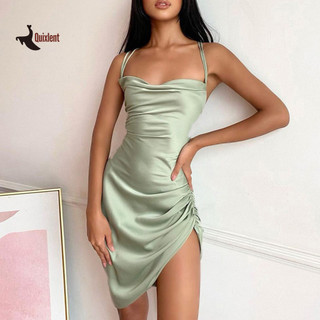 QUIXLENT  Spaghetti Dây Màu Trơn Satin Đầm Shirring Không Đều Viền Lưng Sling Mini Đầm