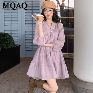 Đi chơi mùa hè MQAQ, Thời trang mới, Tính khí, Váy cổ tích, Cổ chữ V xếp li, Váy giảm béo giảm tuổi, Màu tím dịu nhẹ dành cho nữ