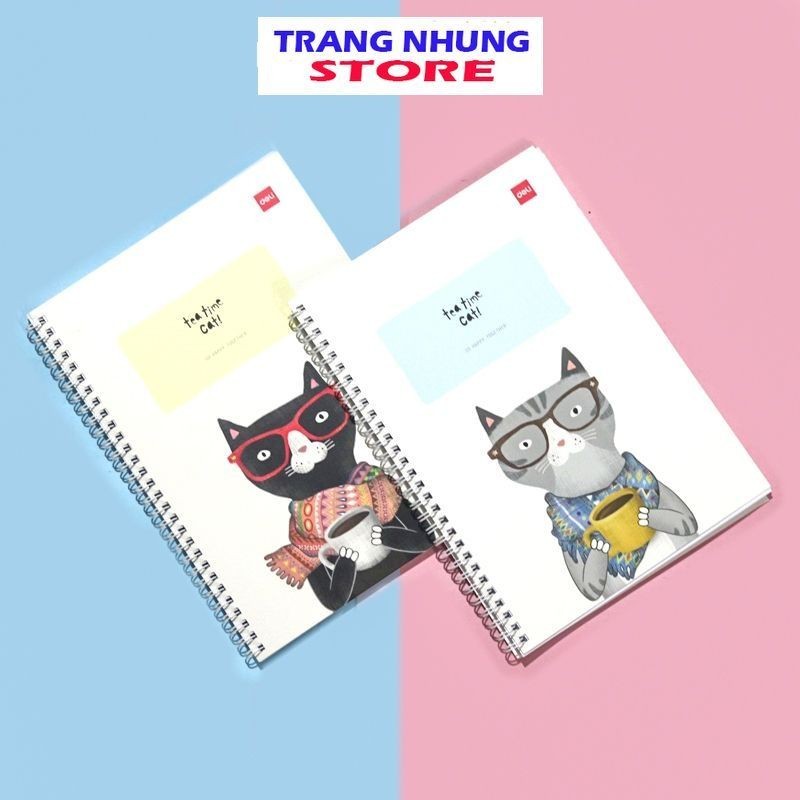 Tập, Vở, Sổ Lò Xo Kẻ Ngang B5 - Tea Time Cat - Deli LX-11, 120 Trang - 70 GSM