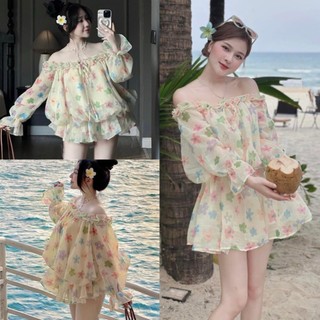 Váy babydoll trễ vai tay bồng hoa nhí bo chun hông dễ thương, áo trễ vai kèm quần chất tơ xốp 2 lớp hàn quốc ulzzang EYE