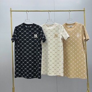 Mới MLB Jacquard Kim Cương Full In Đầm Trọng Lượng Cao Đường Phố Retro Presbyopic Ngắn Tay Váy Dài Thường Ngày Phù Hợp Với