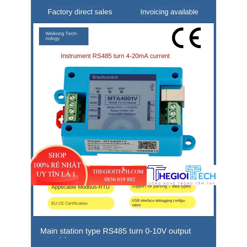 Máy Đo Điện Áp 0-10V Từ Trạm 485 Trạm Chính RS485  Máy Đo Điện Áp Tương Tự 0-5V Đầu Ra MTA4001 - RS485 to 0-10V