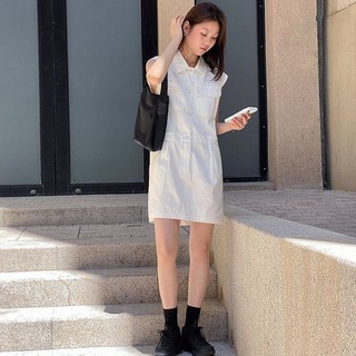 Váy ống thẳng cổ rộng có thiết kế bỏ túi nghiêng váy công sở denim không tay 21772